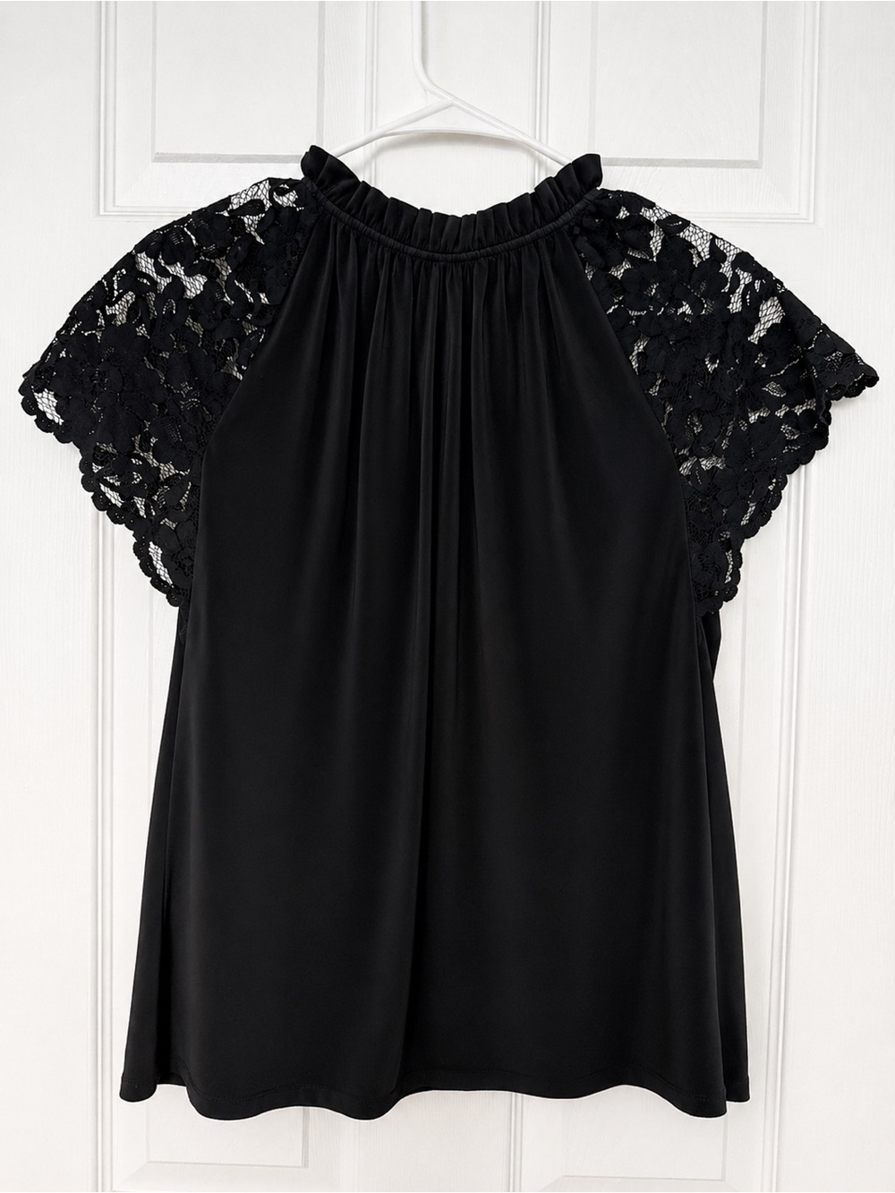 Worthington Black Floral Lace Sleeve Ruffle Blouse M